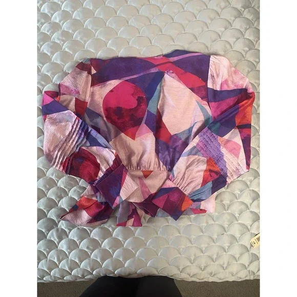 Portmans Blouse Womens 8 Navy Blue Pink Floral Wrap Waist Tie Balloon Sleeve - Picture 7 of 8